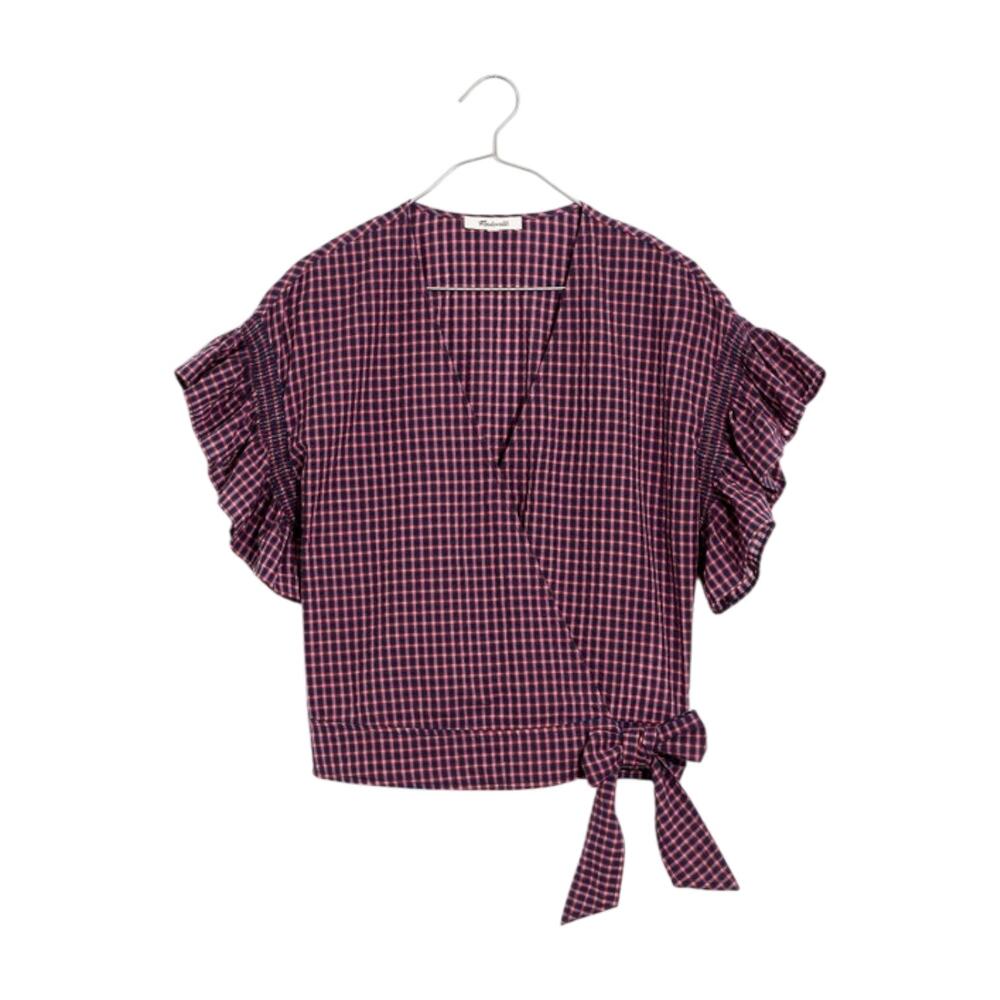 Madewell Flutter Sleeve Side Tie Wrap Gingham Top Women’s XL Cottagecore Cotton